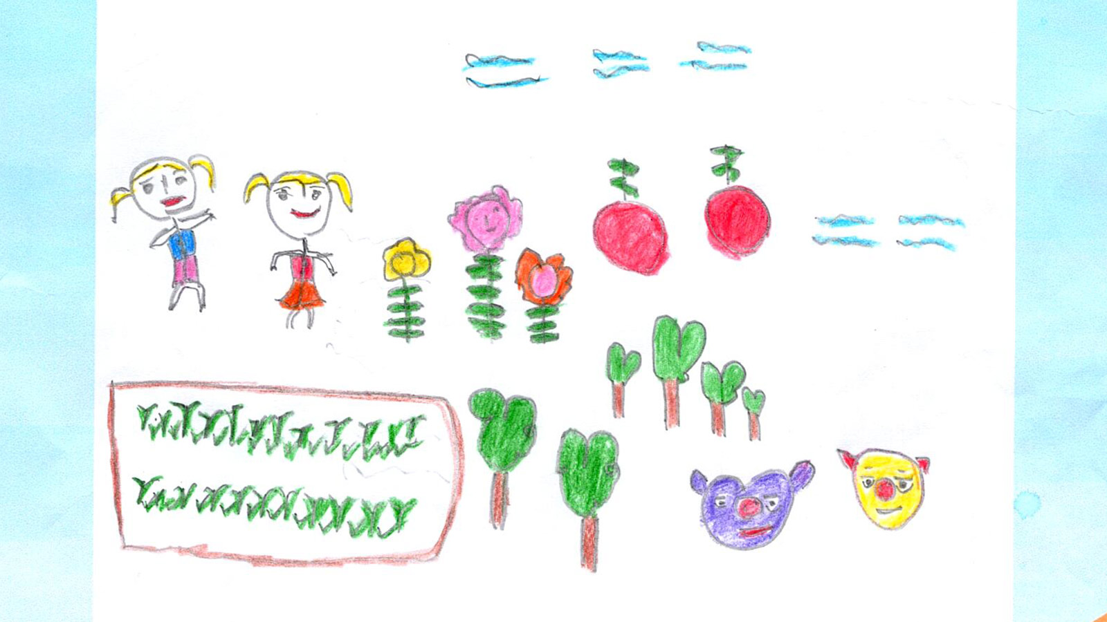 a sponsored child's drawing, showing a garden, two girls and flowers