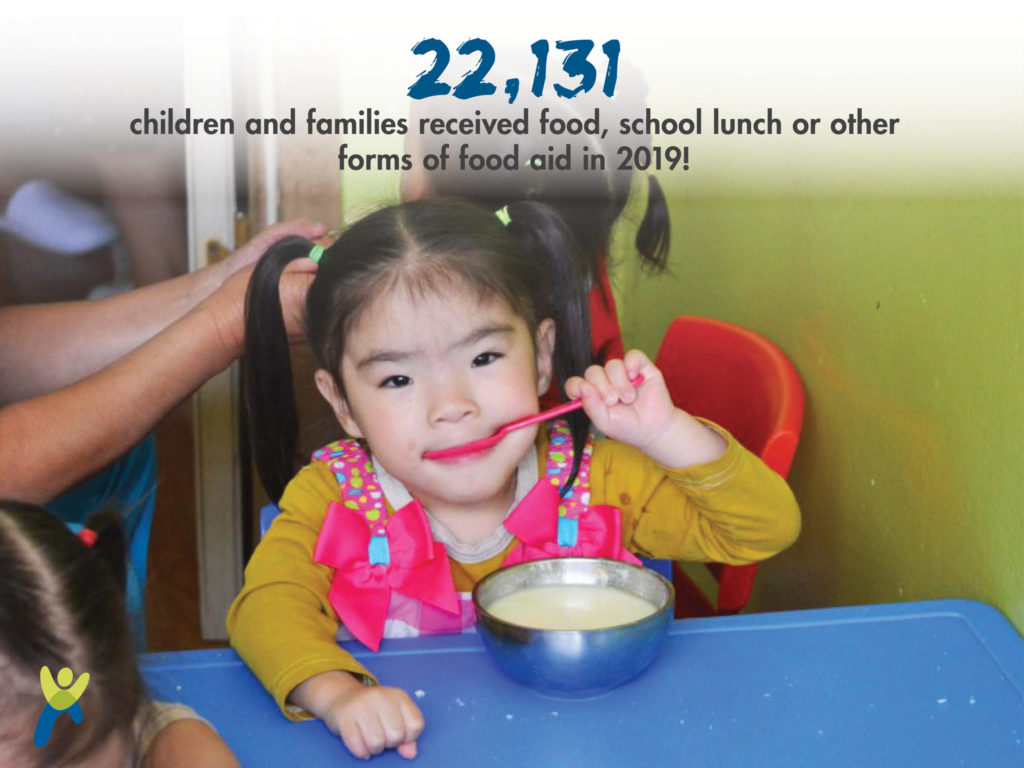 Young child sitting at a table with a spoon in her mouth and a bowl full of food in front of her_graphic showing 22,132 children and families received food aid in 2019