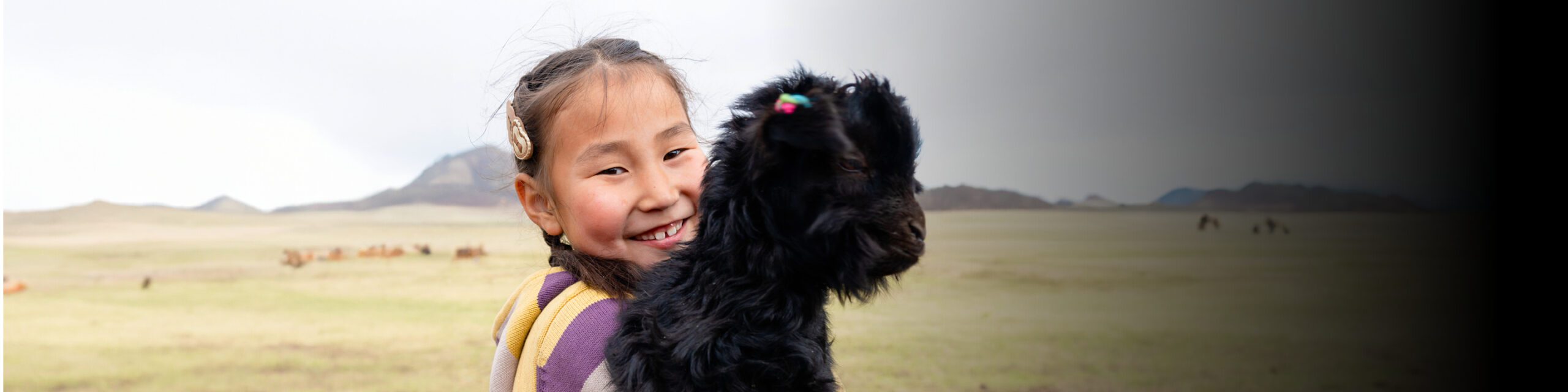 Little girl smiling while holding a black goat in a field