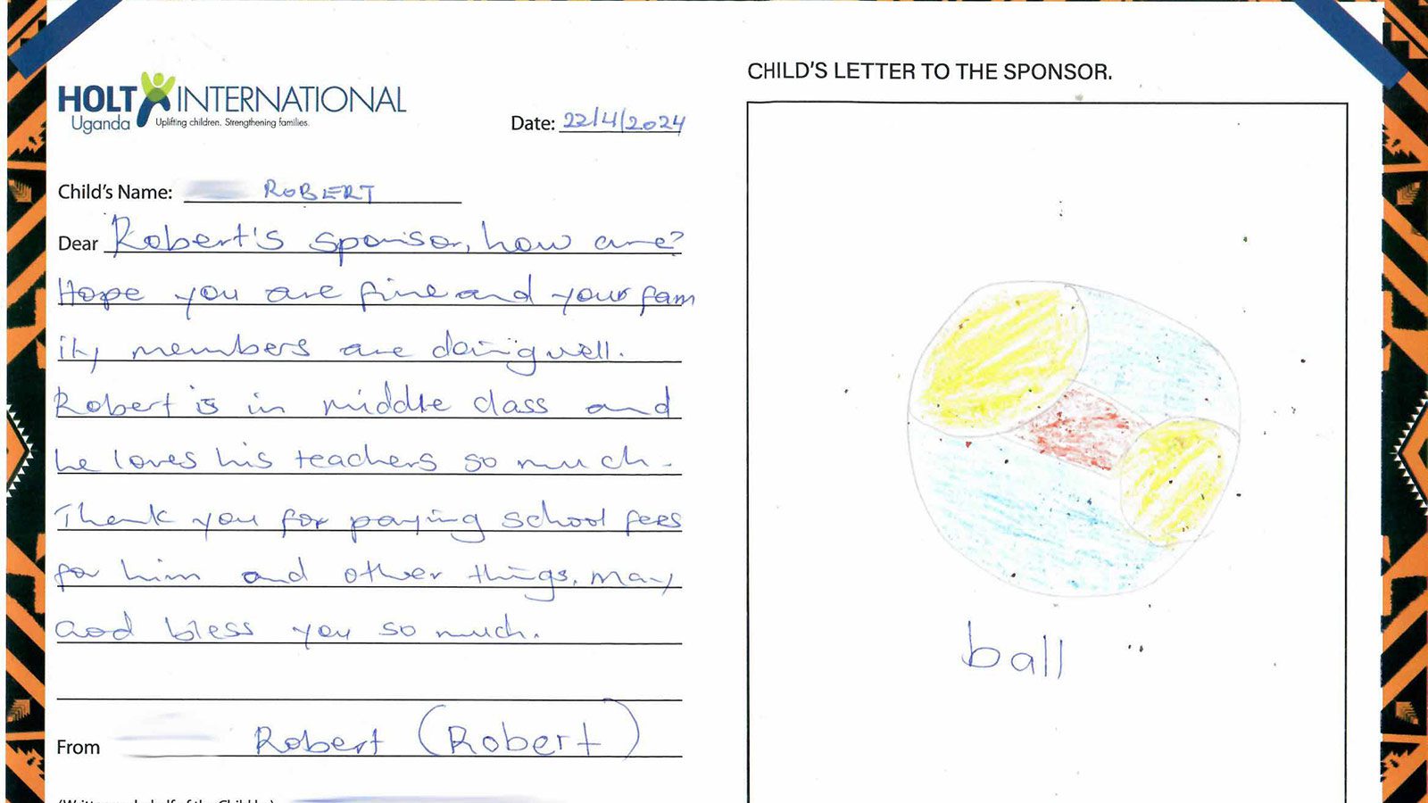 Letter and drawing of a ball from sponsored child in Uganda, Robert