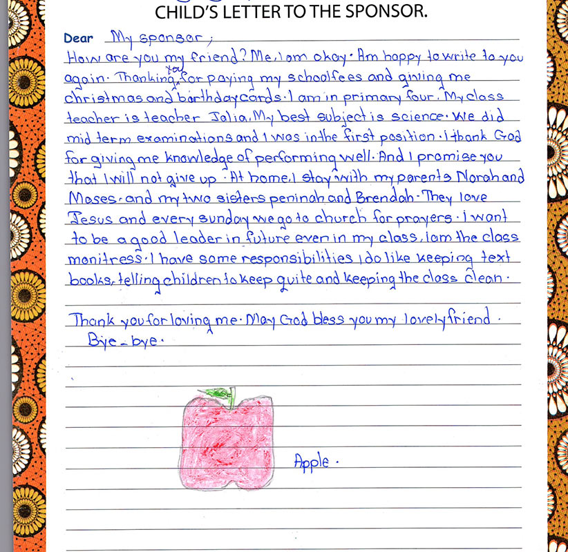 A letter from a sponsored child in Uganda to her sponsor in the U.S. with the drawing of an apple.