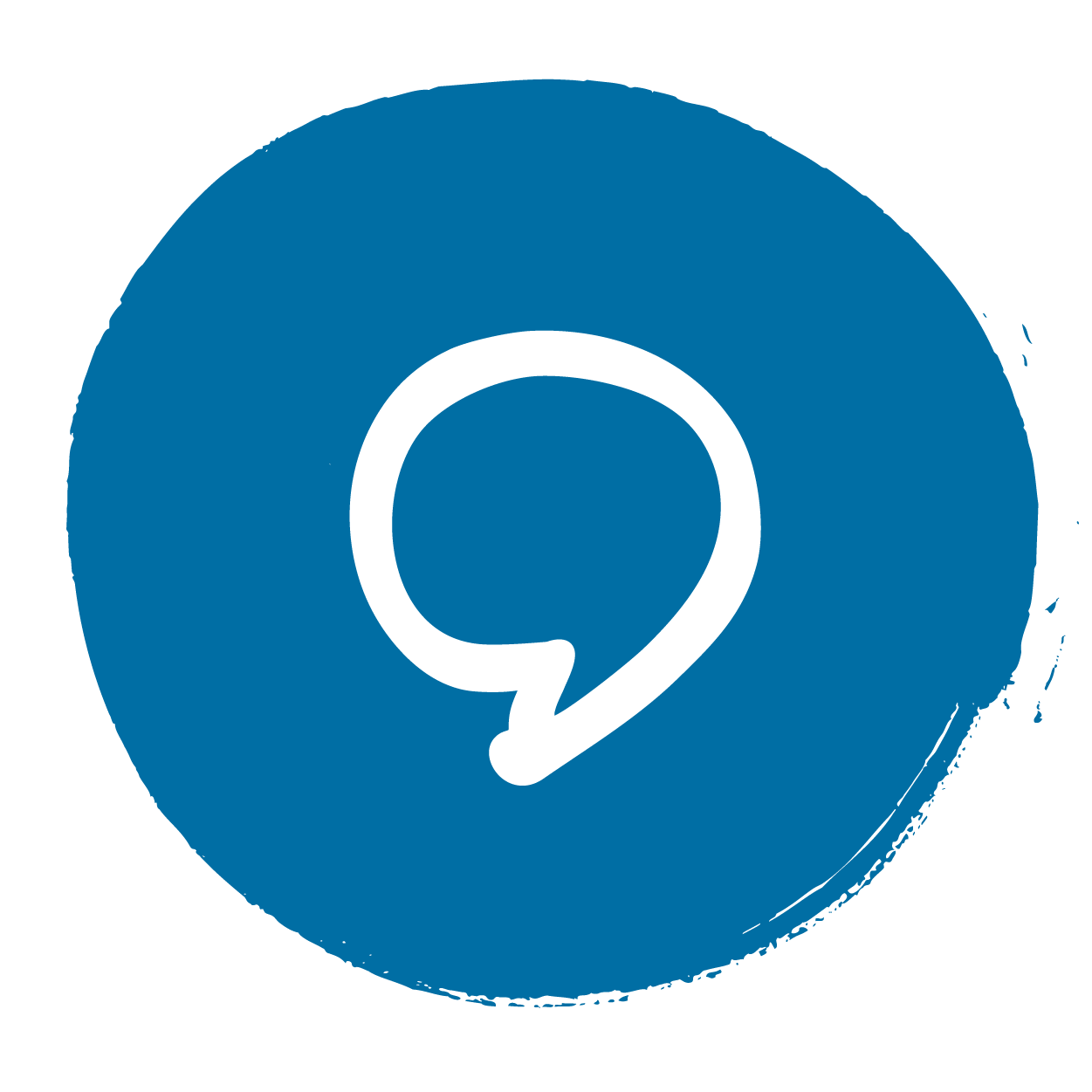 Blue circle with a white speech bubble icon. 