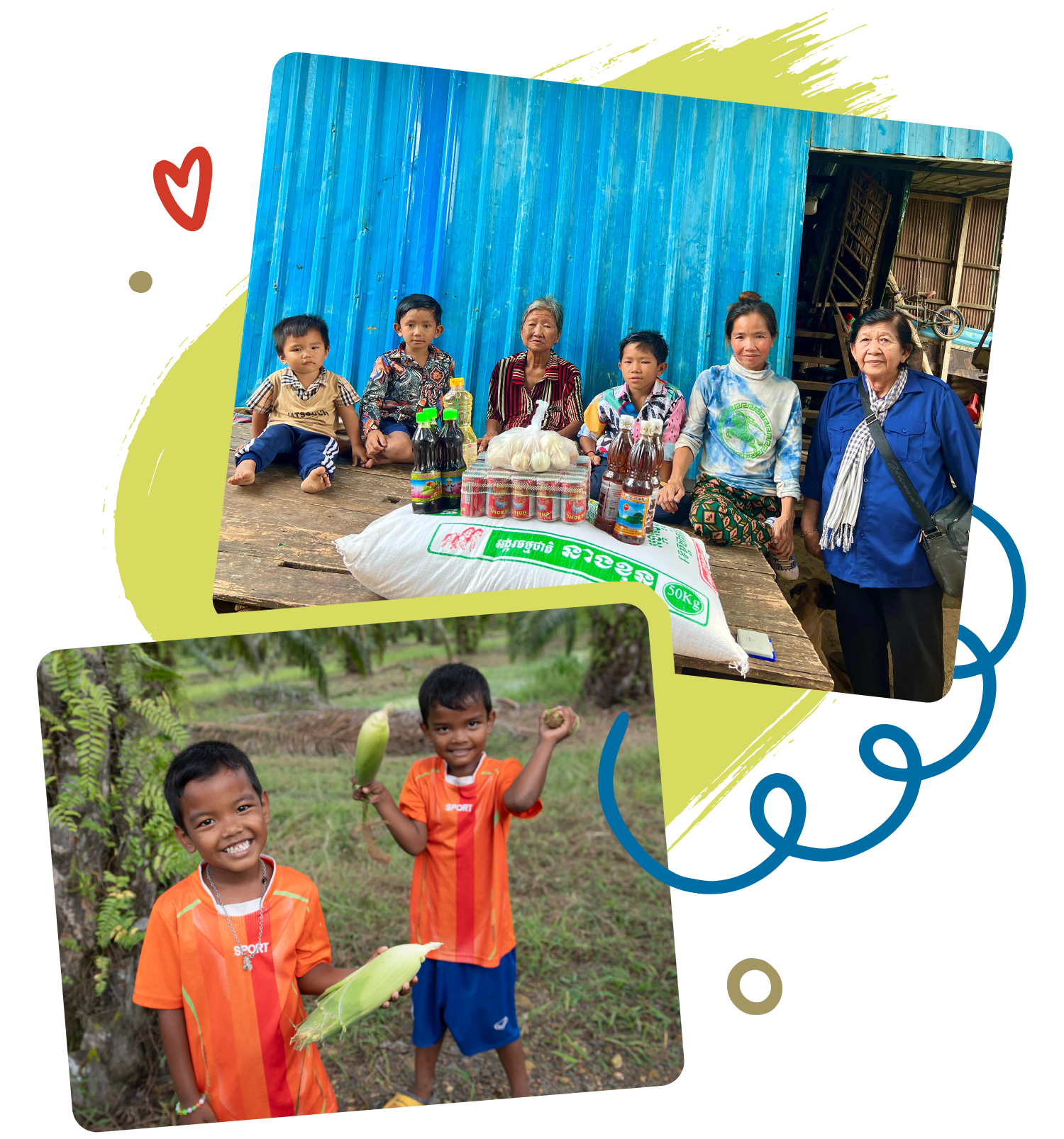 Two photos in a collage. The top photo shows a family of six with a pile of food in front of them. The bottom photo shows two young boys in orange shirts smiling while holding ears of corn.