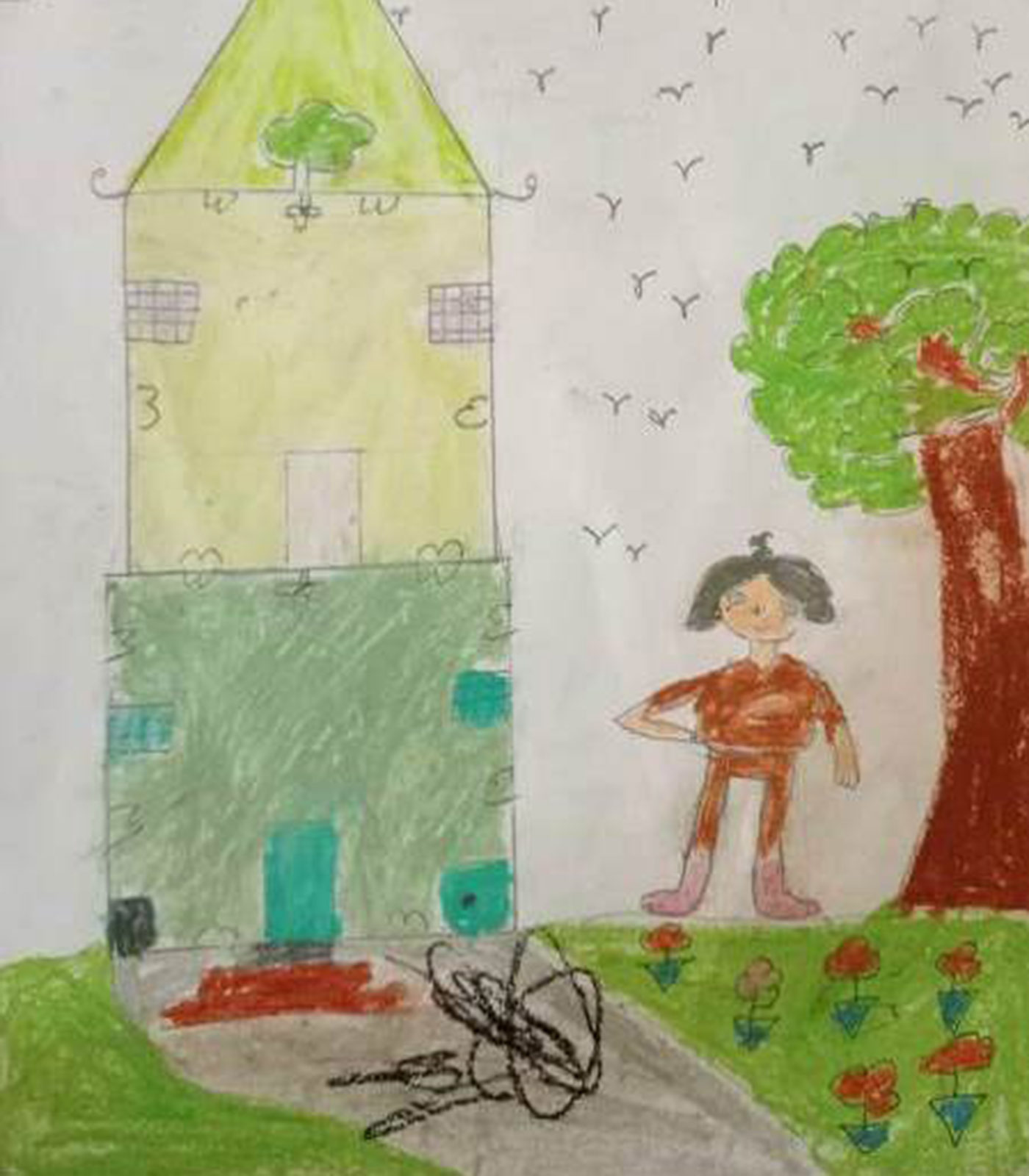 a sponsored child's drawing of her dream home, which has a tree, lawn and flowers