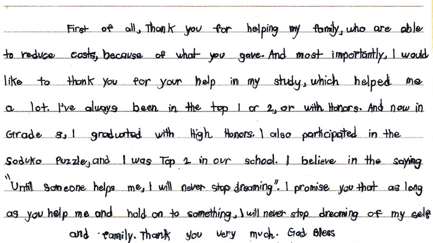 a sponsored boy in the philippines writes a letter of gratitude to his sponsors