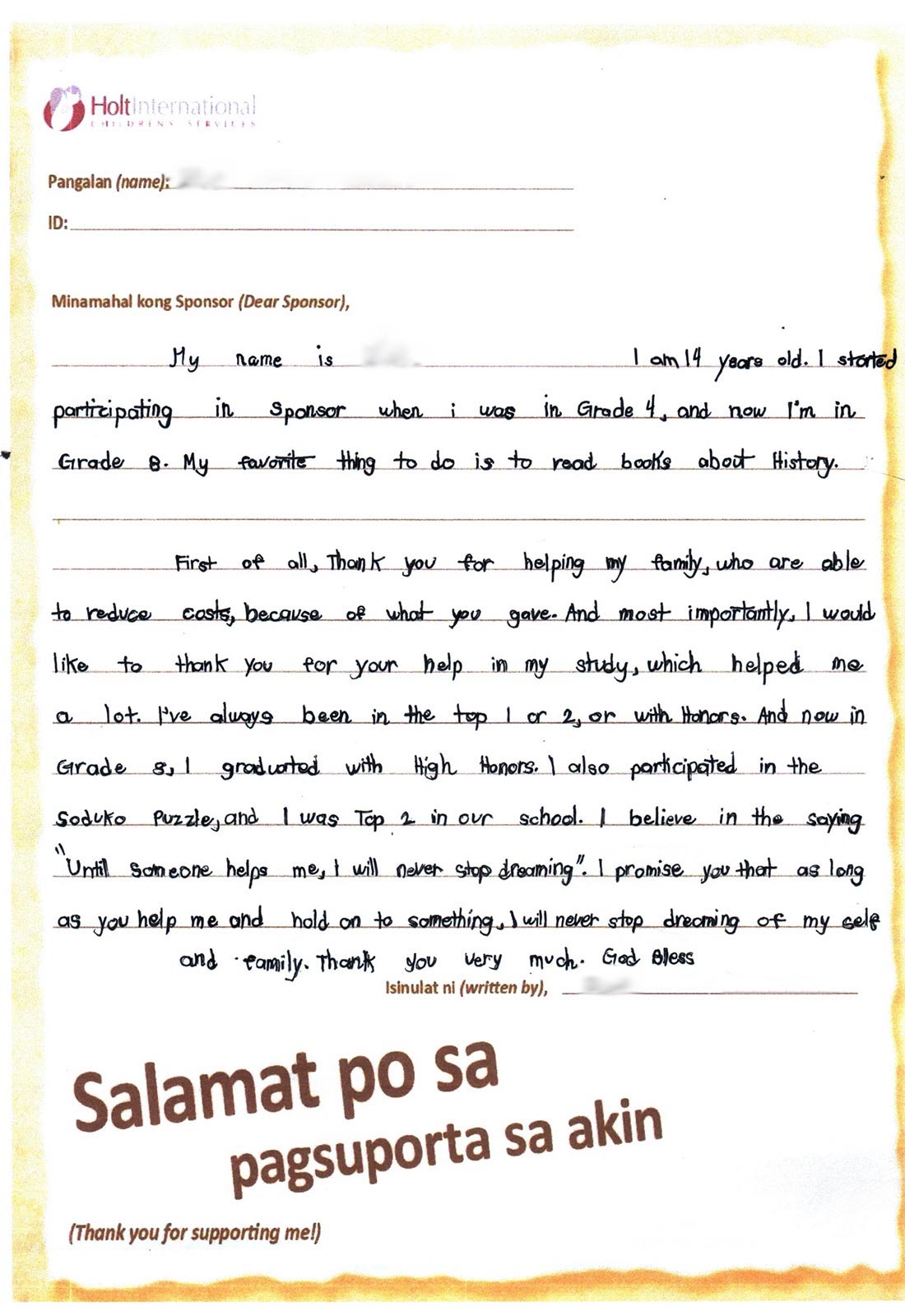 a sponsored boy in the philippines writes a letter of gratitude to his sponsors