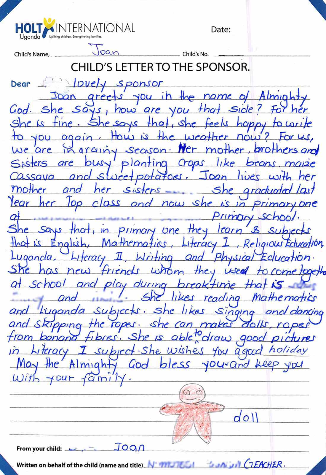 a girl from uganda wrote a letter to her sponsors, thanking them