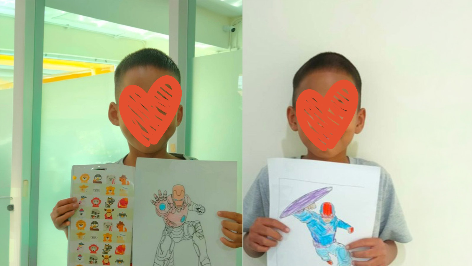 two boys with hearts over their faces hold up superhero coloring pages