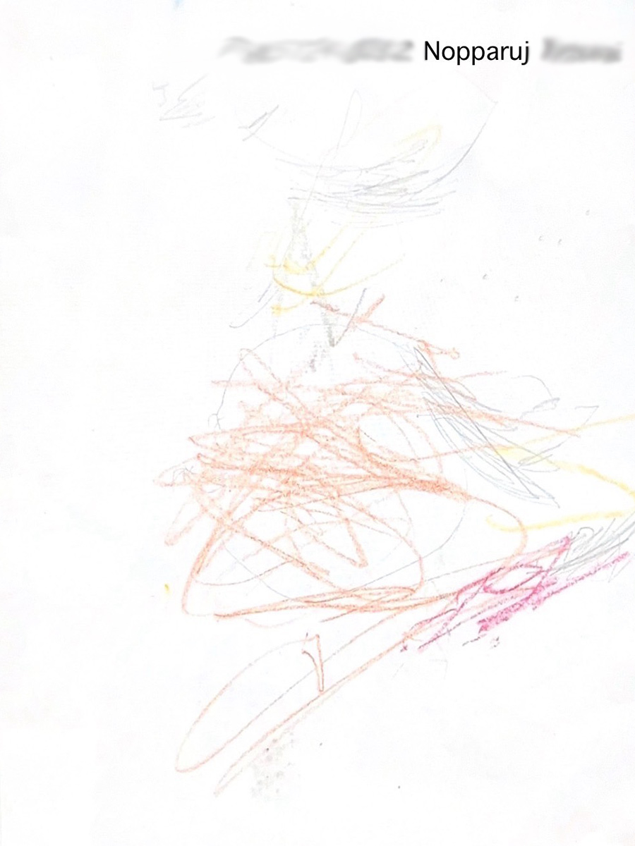 a sponsored child's drawing — orange and red scribbles with his name at the top