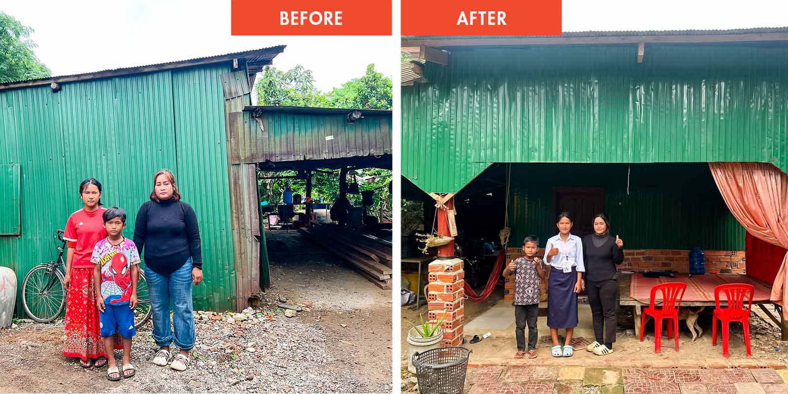 a before and after photo showing a sponsored child's home transformation, thanks to their sponsors