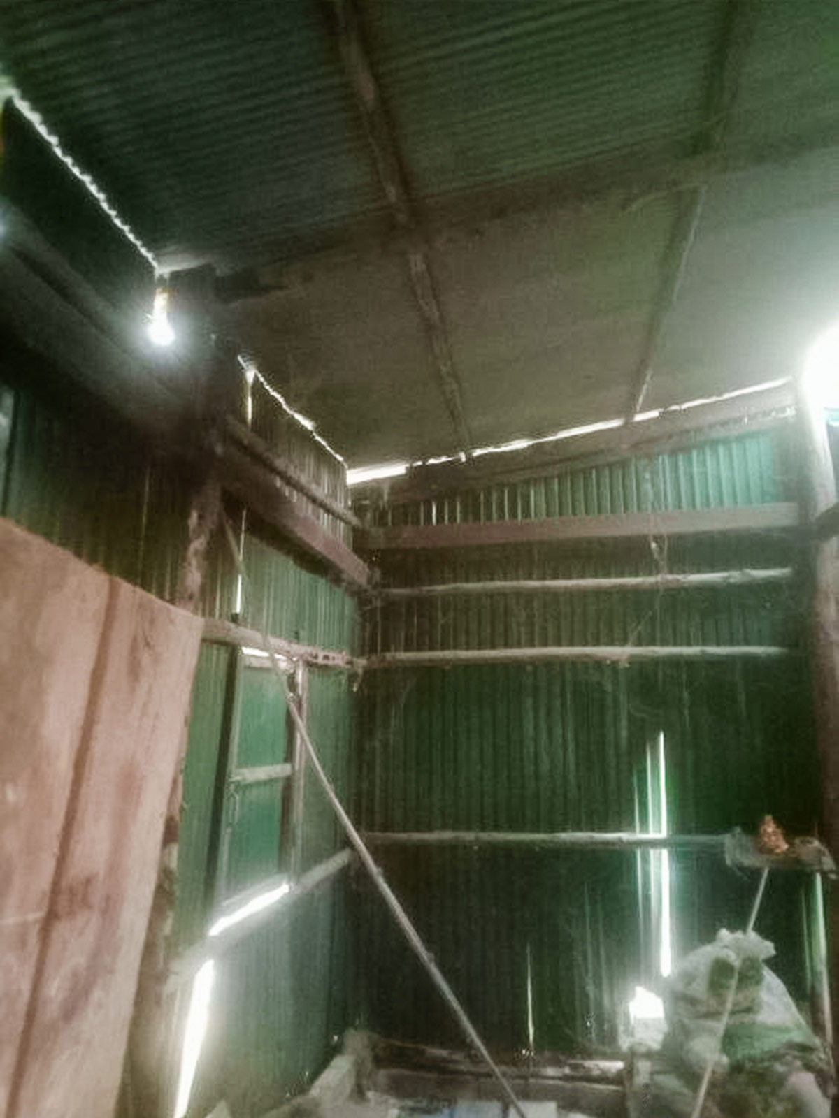 The interior of one family's home — a dilapidated and rusty shed with holes in the walls