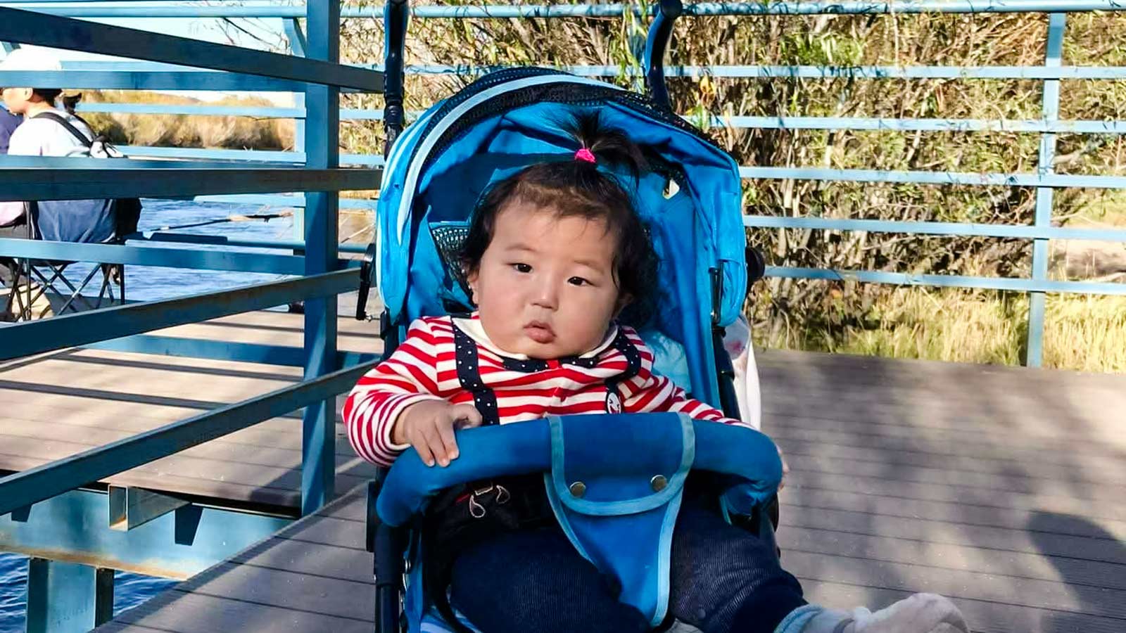 an 8-month-old boy with cerebral palsy sits in a stroller in Mongolia