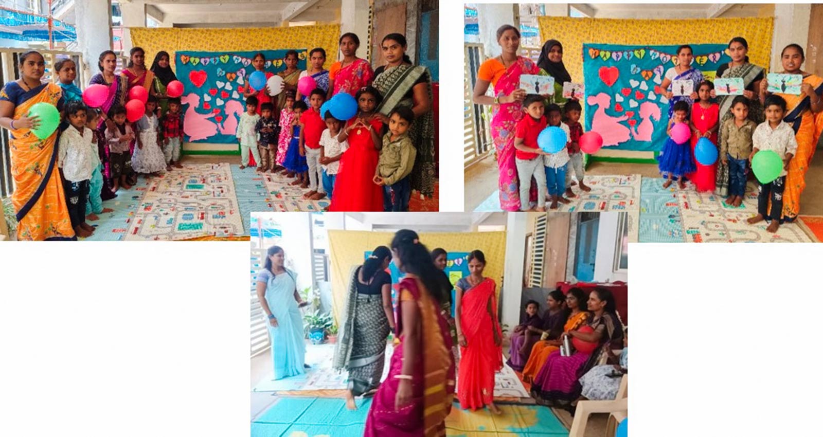 children hold homemade mother's day cards while they stand with their mothers in India